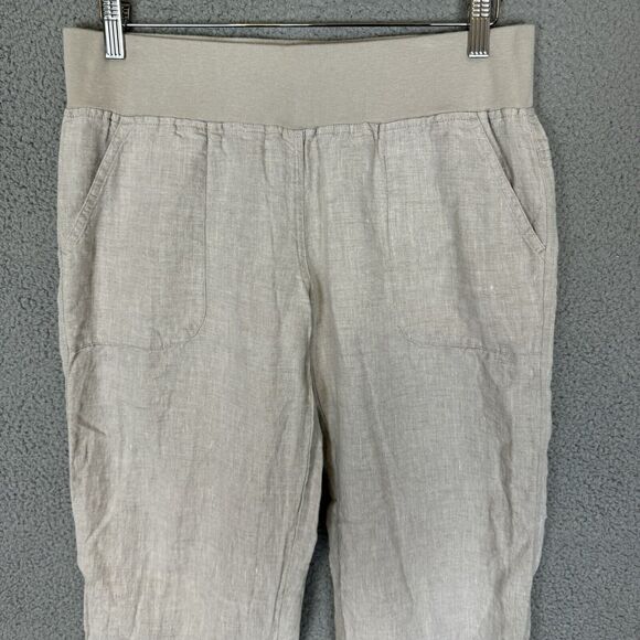 Allen Allen Pants Womens Petite Medium Beige Pull On‎ 100% Linen Straight Leg - Picture 2 of 9